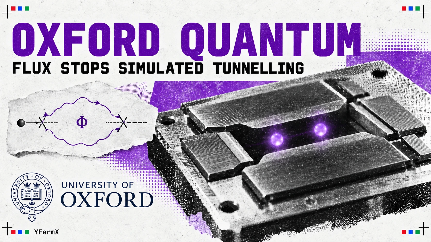 Editorial collage of a two-ion trap, a magnetic-flux interference loop and the University of Oxford wordmark.