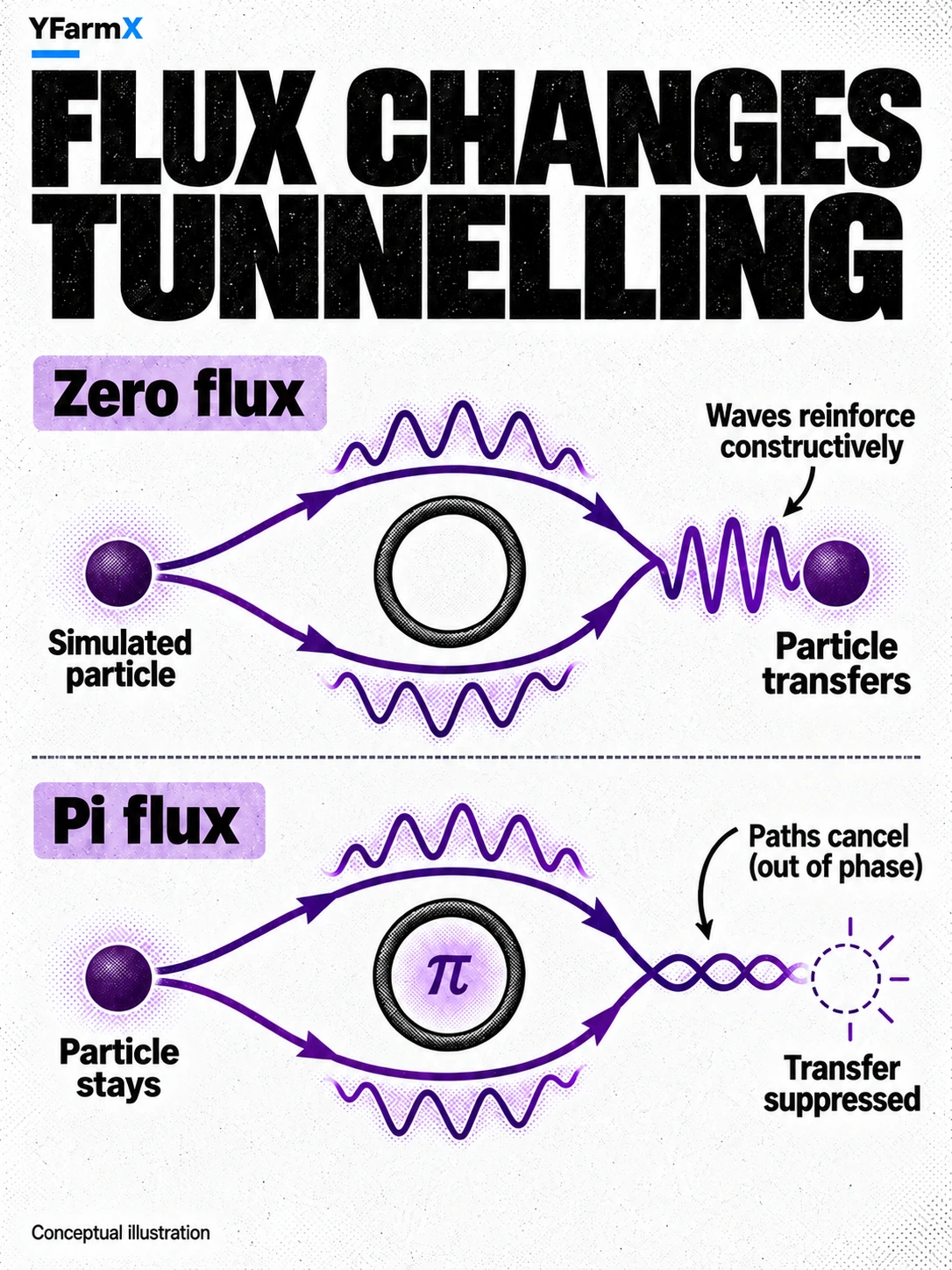 Conceptual comparison of tunnelling with zero flux and cancellation with pi flux.