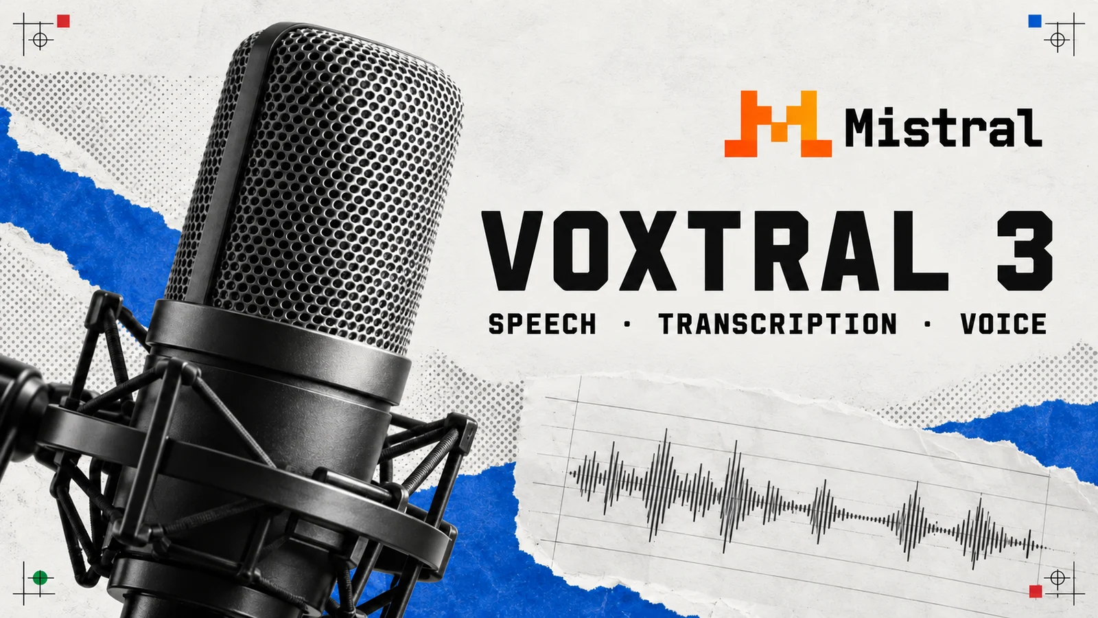 A studio microphone and a printed waveform beside the Voxtral 3 name and Mistral logo.