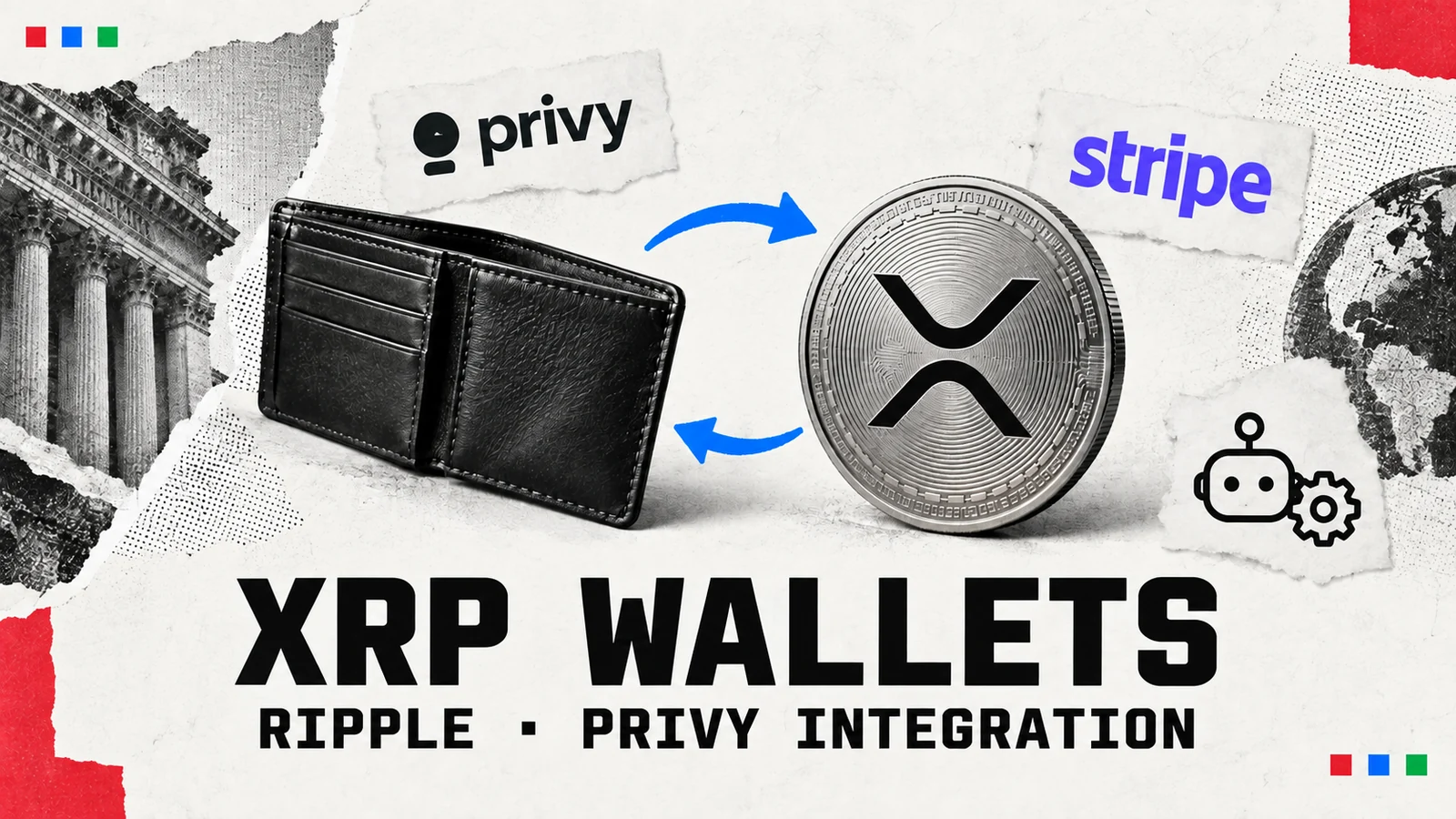 Editorial illustration of a wallet and XRP coin with the Privy and Stripe marks.