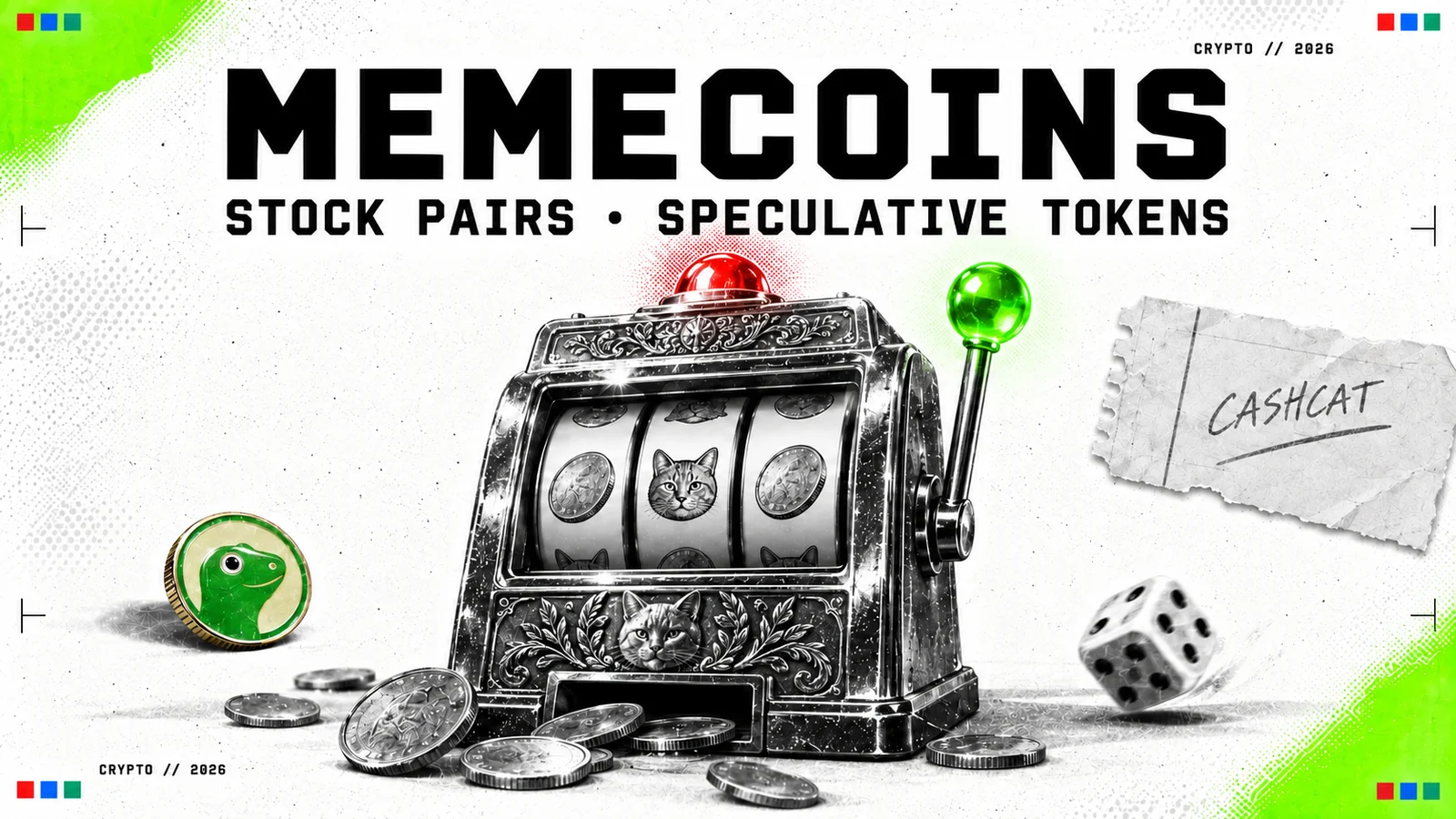 Editorial collage of a slot machine with cat and coin reels, under the headline MEMECOINS and the subtitle STOCK PAIRS AND SPECULATIVE TOKENS.
