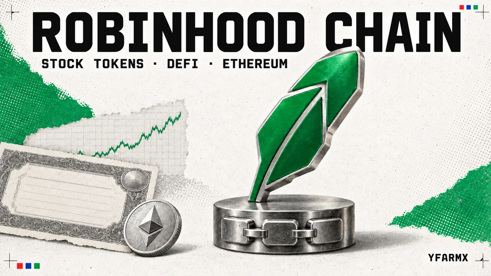 A green and silver Robinhood feather stands on a metal token mint beside a share certificate and Ethereum coin, under the headline ROBINHOOD CHAIN and the subtitle STOCK TOKENS, DEFI, ETHEREUM.
