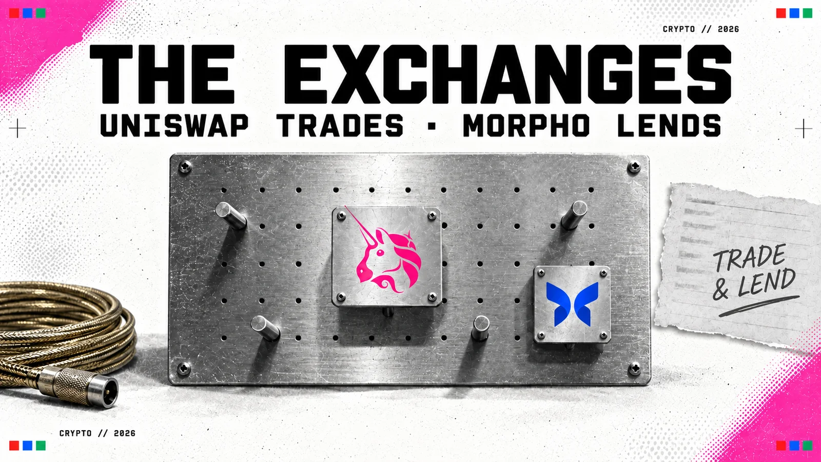 Editorial collage showing Uniswap and Morpho as trading and lending venues on Robinhood Chain.