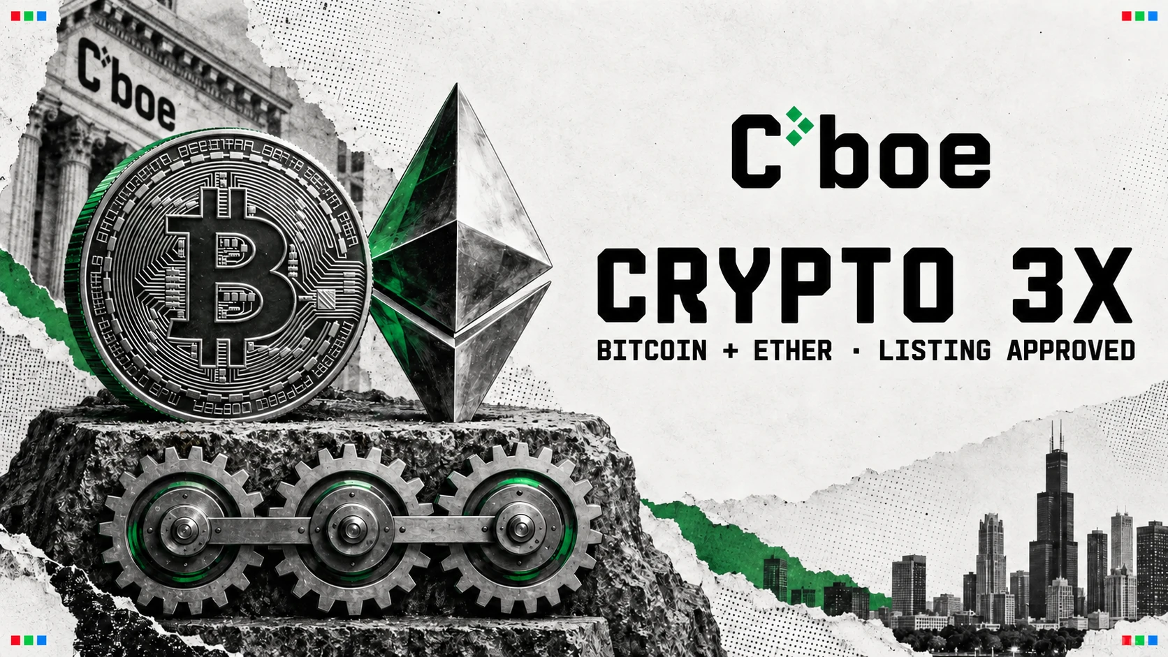 Editorial illustration of Bitcoin and Ether symbols linked to a three-times multiplier, headed Crypto 3x.