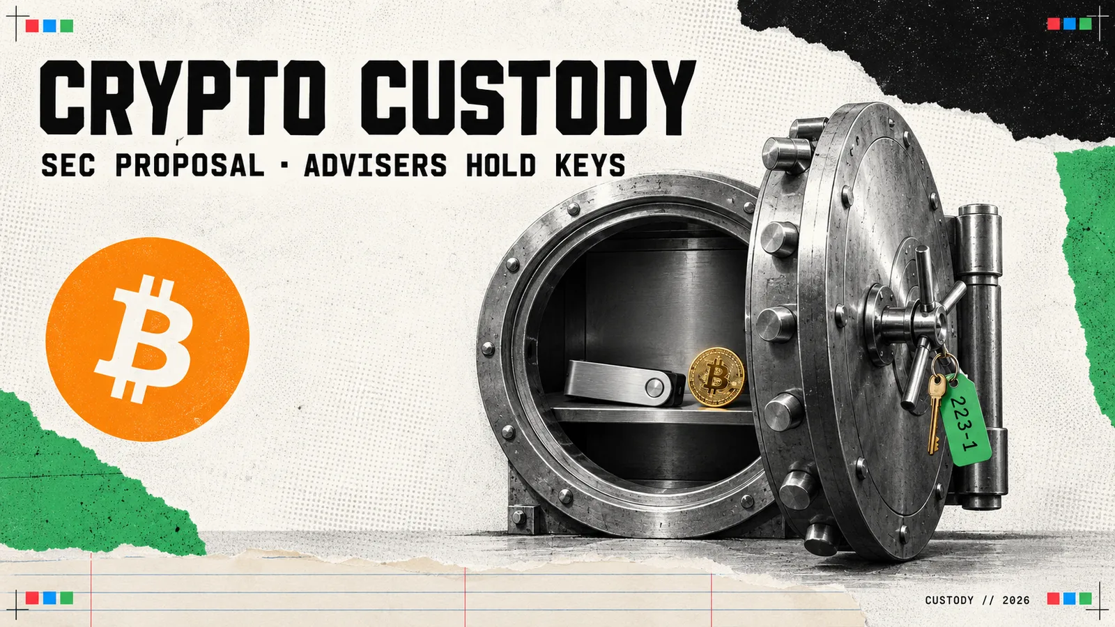 Editorial collage headed Crypto custody, with a round steel vault door swung open on a shelf holding a hardware crypto wallet and a gold Bitcoin coin, a brass key on a green tag reading 223-1, and the Bitcoin logo; the subtitle reads SEC proposal, advisers hold keys.