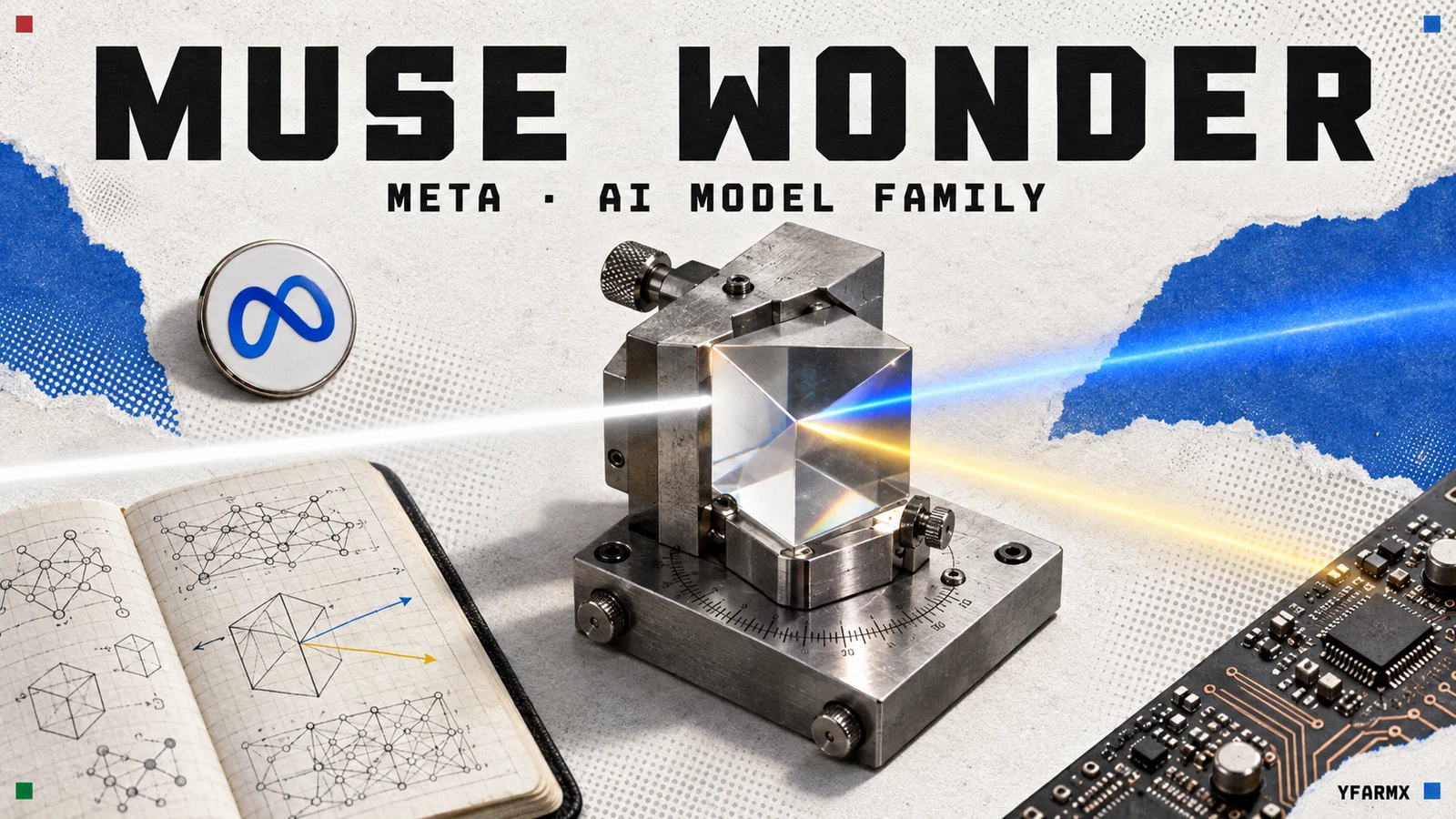 Muse Wonder editorial collage with a prism, Meta logo, annotated notebook and detailed circuit board.