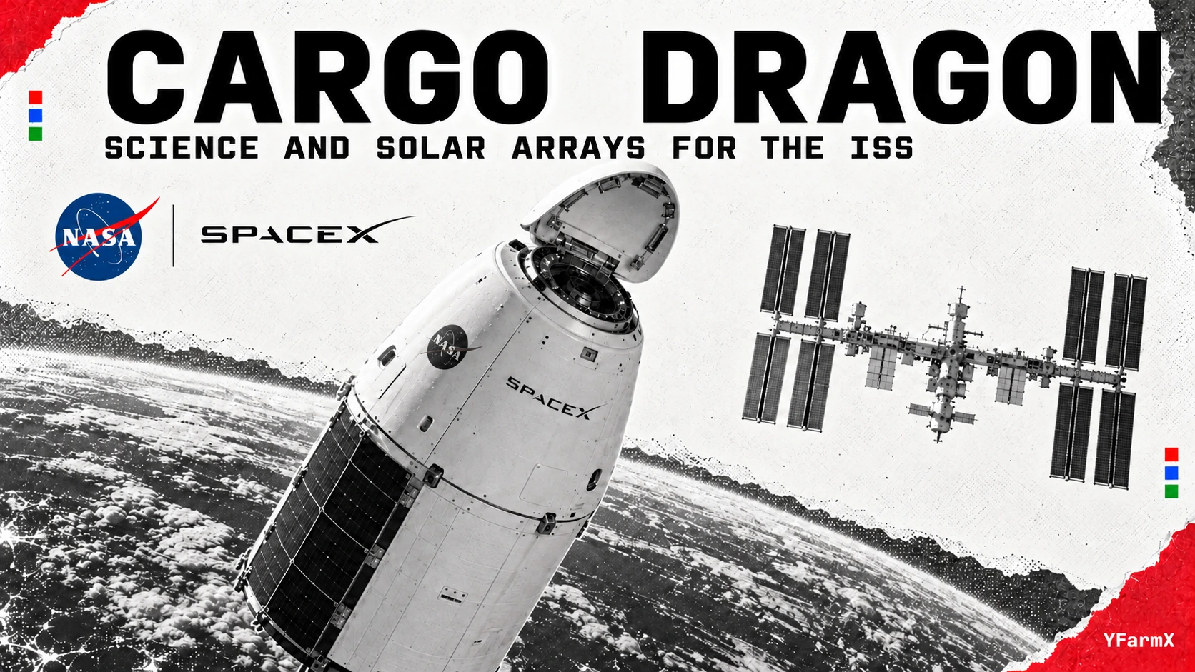 Conceptual illustration of a Cargo Dragon approaching the International Space Station above Earth.