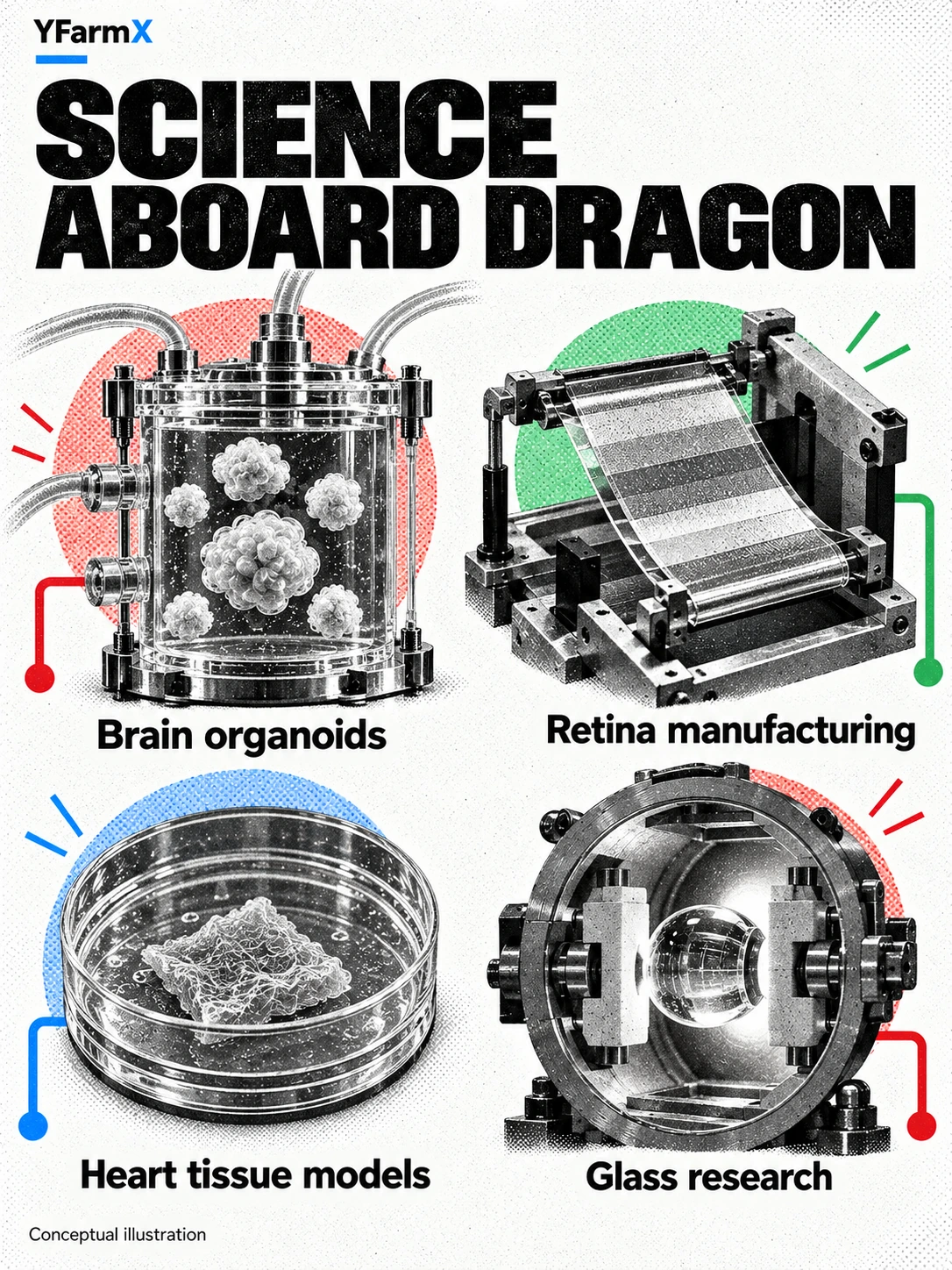 Conceptual illustrations of brain organoids, retinal-manufacturing equipment, engineered heart tissue and glass research.