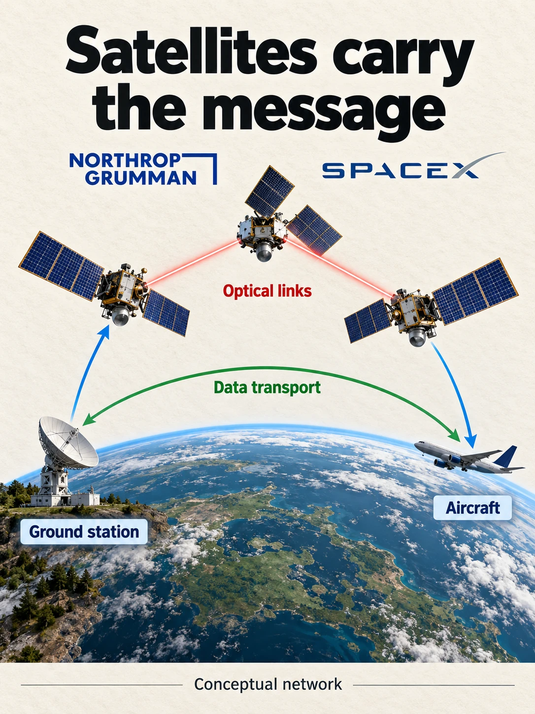 Conceptual diagram of satellites passing data through optical links between a ground terminal and a military aircraft.