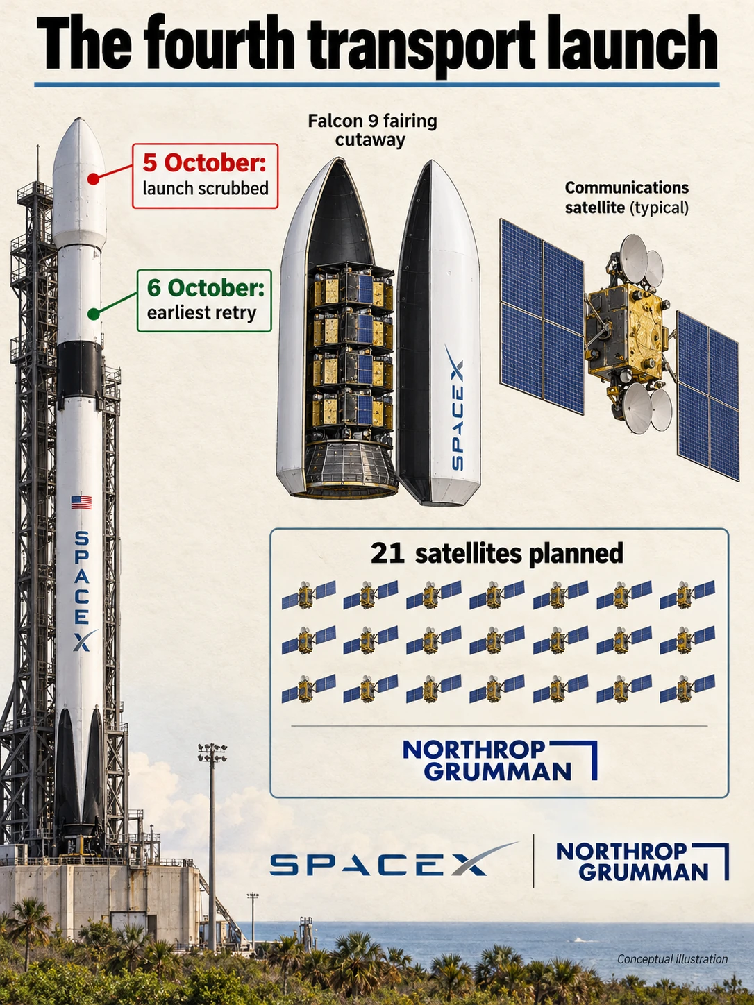 Conceptual payload illustration of 21 data-transport satellites, with the 5 October scrub and earliest 6 October retry marked.