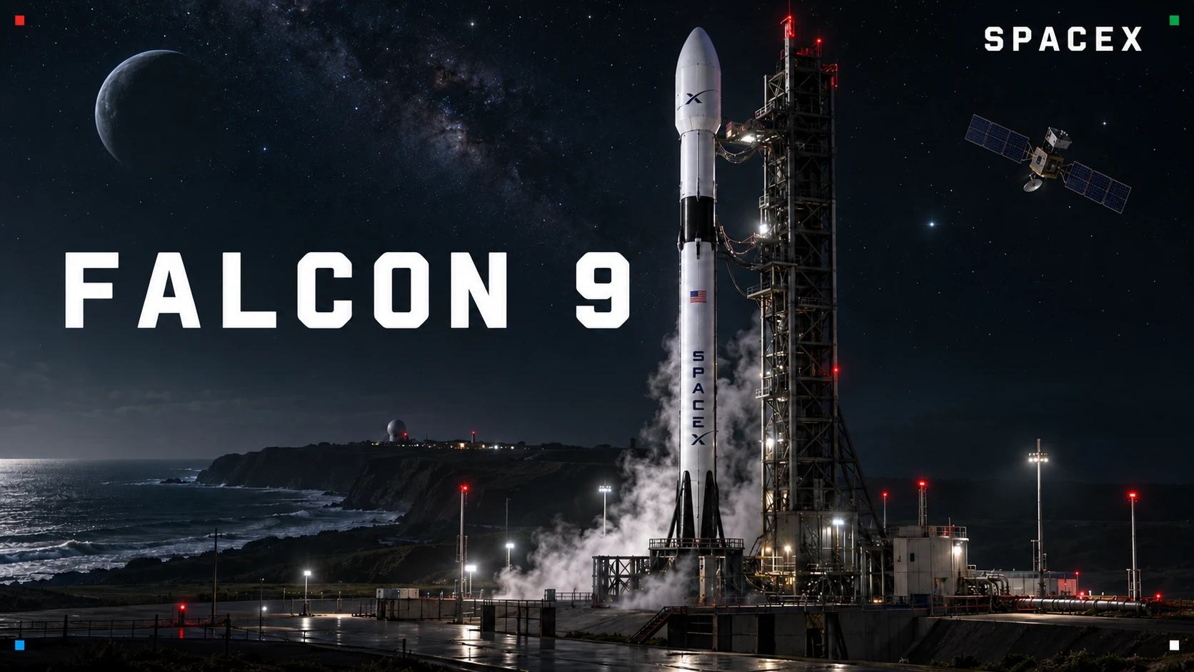 Editorial illustration of a Falcon 9 standing at a coastal launch pad at night, with satellites above and a large Falcon 9 heading.