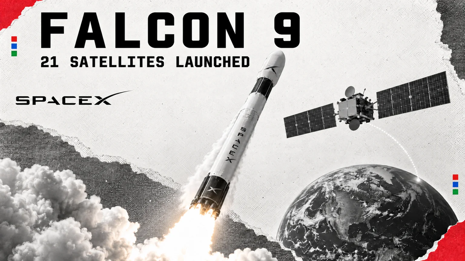 Editorial collage showing Falcon 9 lifting off beside a communications satellite and Earth.