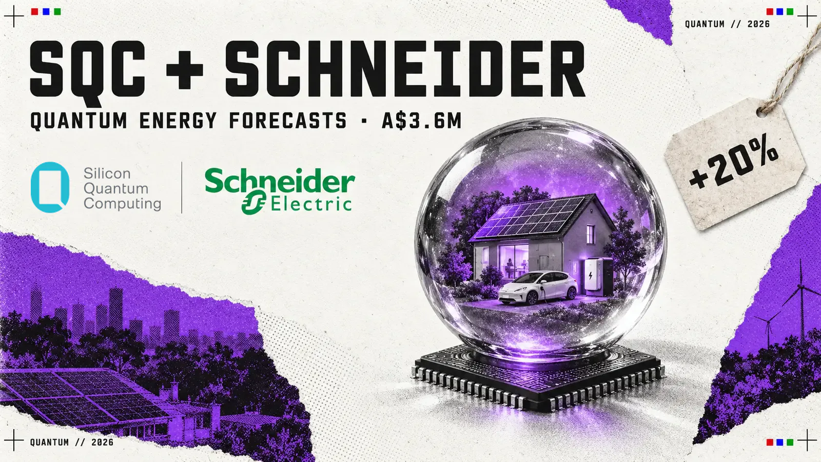 Editorial collage headed SQC + Schneider, with a crystal ball resting on a silicon chip and holding a small house with a solar roof, a home battery and an electric car, a tag reading +20%, and the Silicon Quantum Computing and Schneider Electric logos; the subtitle reads quantum energy forecasts, A$3.6m, a grant worth about US$2.5m.