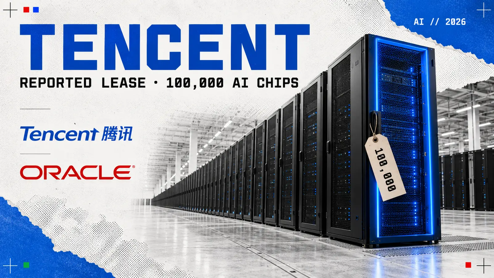 Editorial collage headed Tencent, with a long row of server racks receding through a data hall, the nearest lit blue and tagged 100,000, and the Tencent and Oracle logos; the subtitle reads reported lease, 100,000 AI chips.