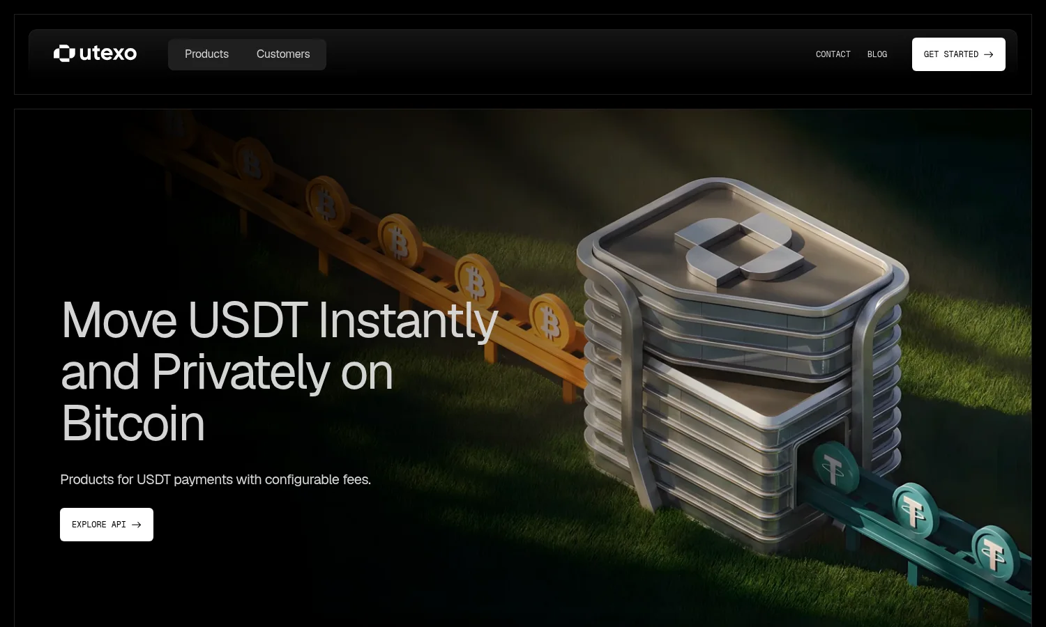 Utexo homepage headed Move USDT Instantly and Privately on Bitcoin, with the line Products for USDT payments with configurable fees and an Explore API button. Beside it, a 3D scene shows orange bitcoin coins riding a wooden conveyor into a ribbed metal block topped with the Utexo logo, and green Tether coins leaving the block on a teal conveyor.