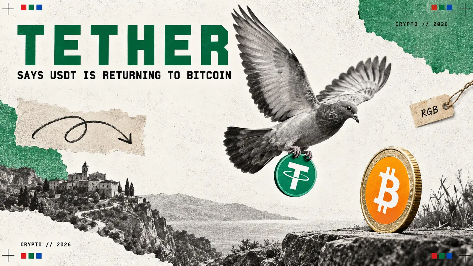 Editorial collage headed Tether, with a homing pigeon carrying a green Tether coin towards a large gold Bitcoin coin standing on a rocky coastline, a tag reading RGB and a hand-drawn looping arrow; the subtitle reads says USDT is returning to Bitcoin.