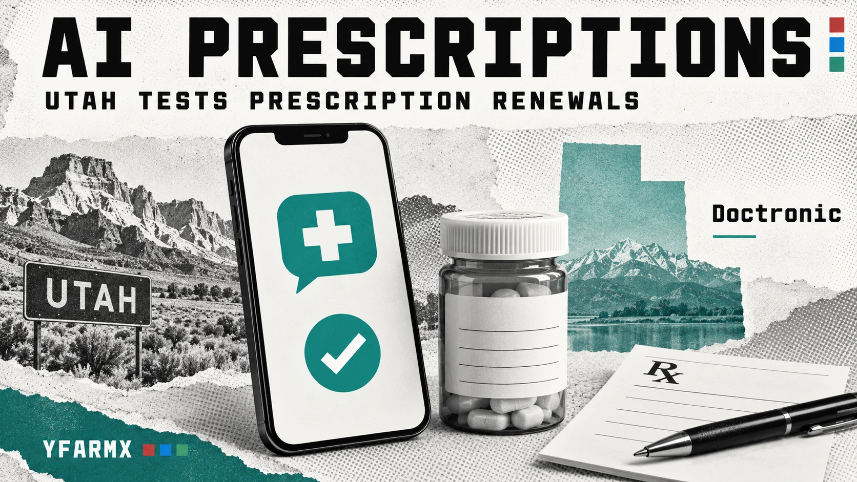 Editorial illustration of a smartphone, a prescription bottle and a Utah map, headed AI prescriptions with the subtitle Utah tests prescription renewals.