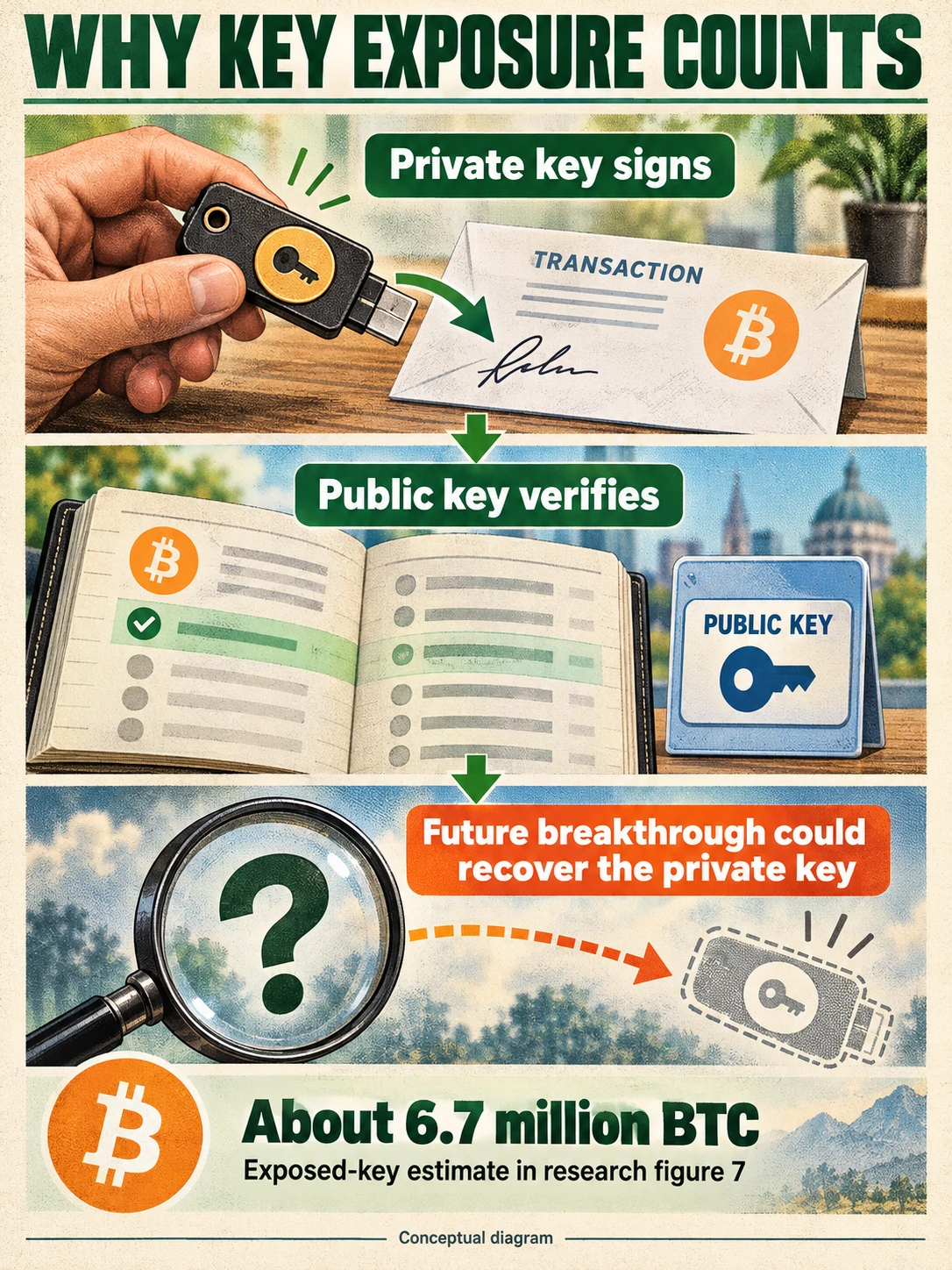 Diagram showing a public key used to verify a signature, and the hypothetical risk of recovering its private key after a cryptanalytic breakthrough.