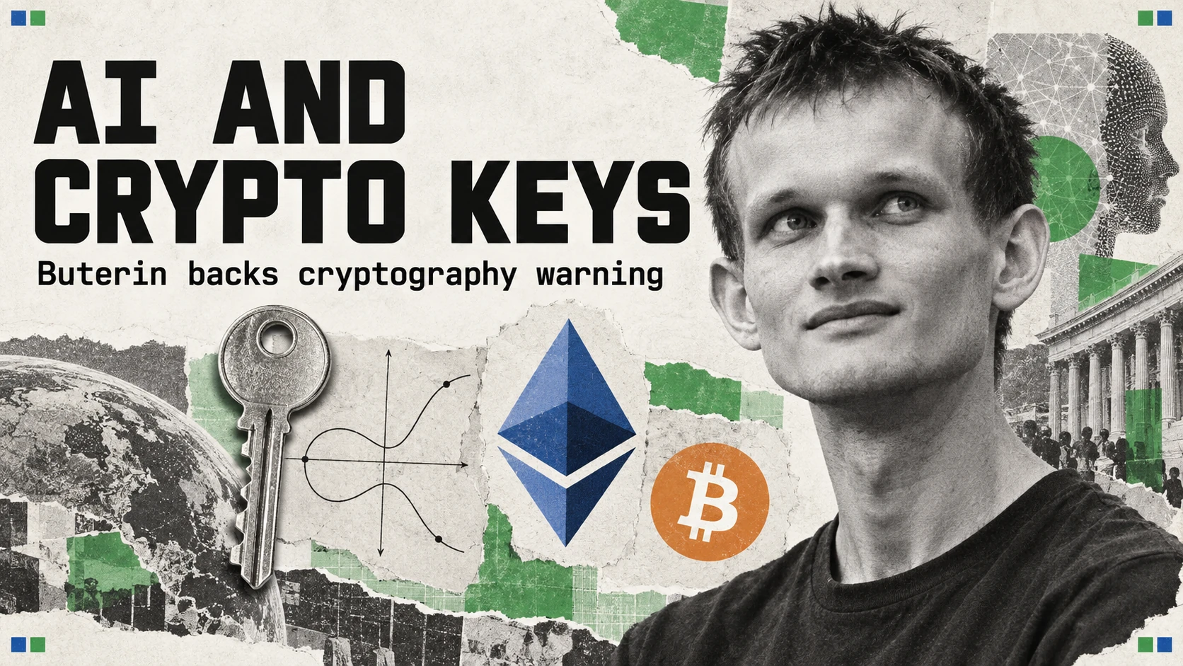 Editorial illustration of Vitalik Buterin beside an intact key, an elliptic-curve sketch and Ethereum and Bitcoin logos.