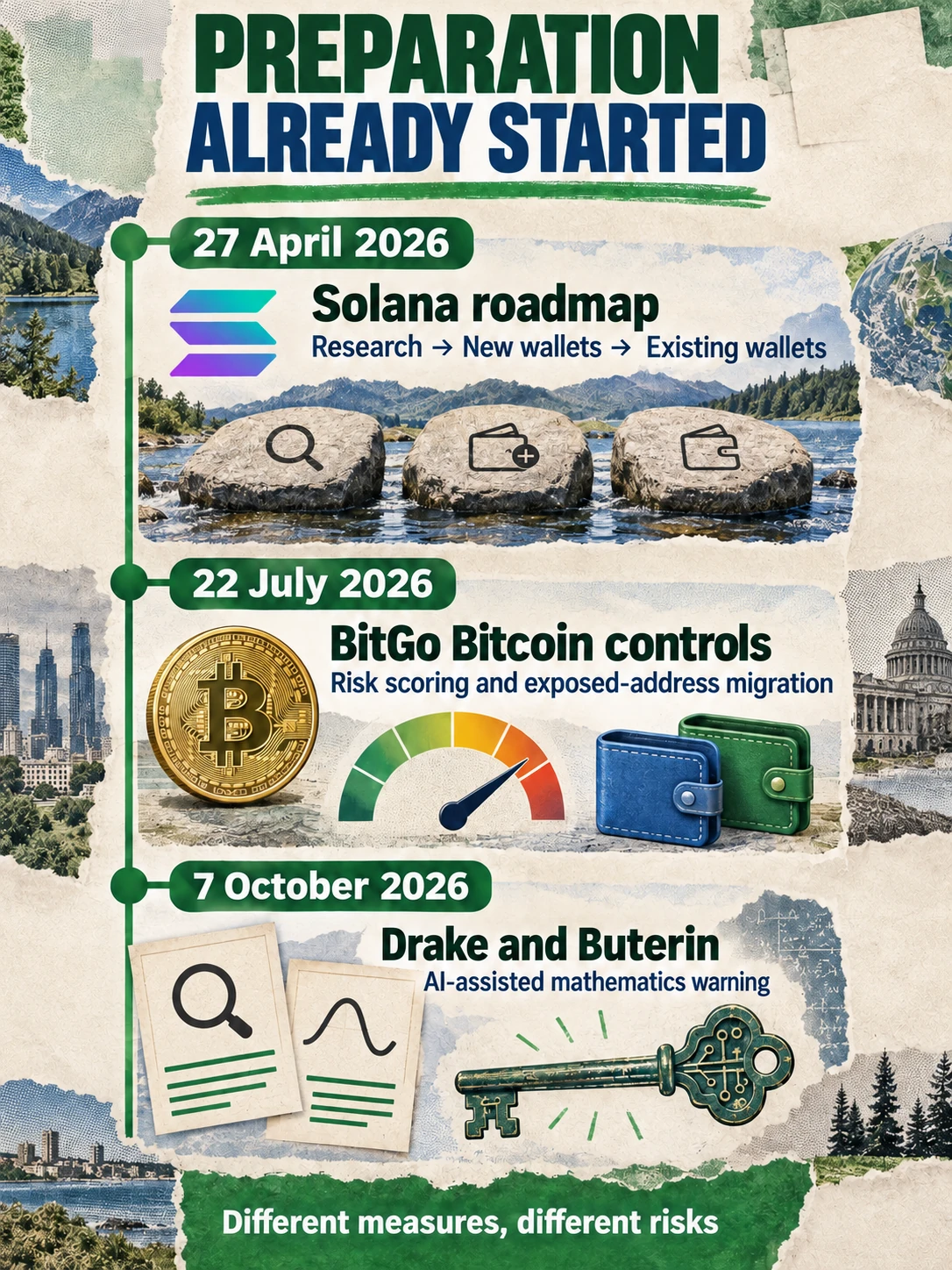 Timeline showing Solana's 27 April quantum roadmap, BitGo's 22 July Bitcoin risk controls and the 7 October Drake and Buterin AI warnings.