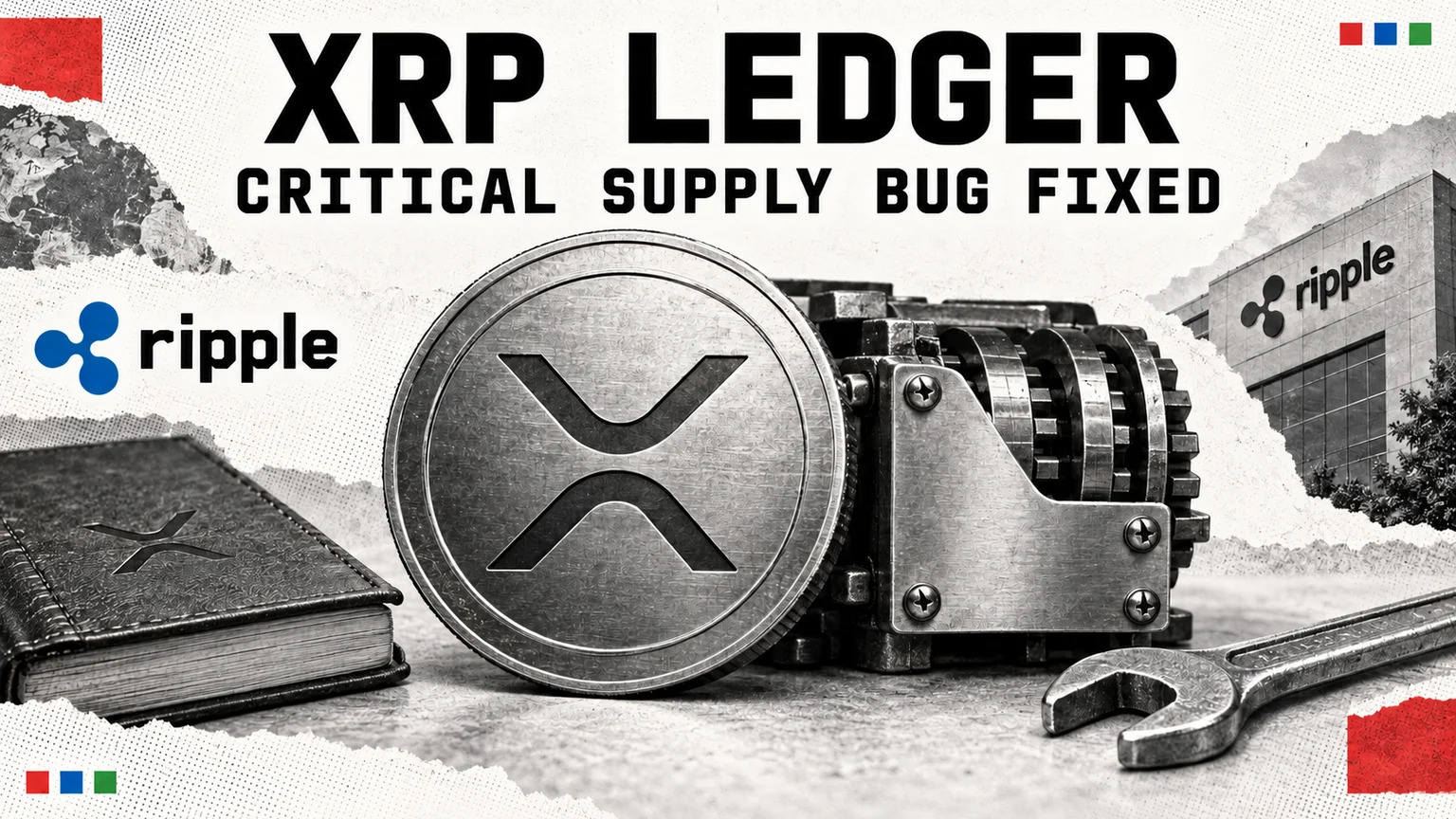 Editorial collage of an XRP coin beside a repaired mechanical counter, ledger and Ripple logo.