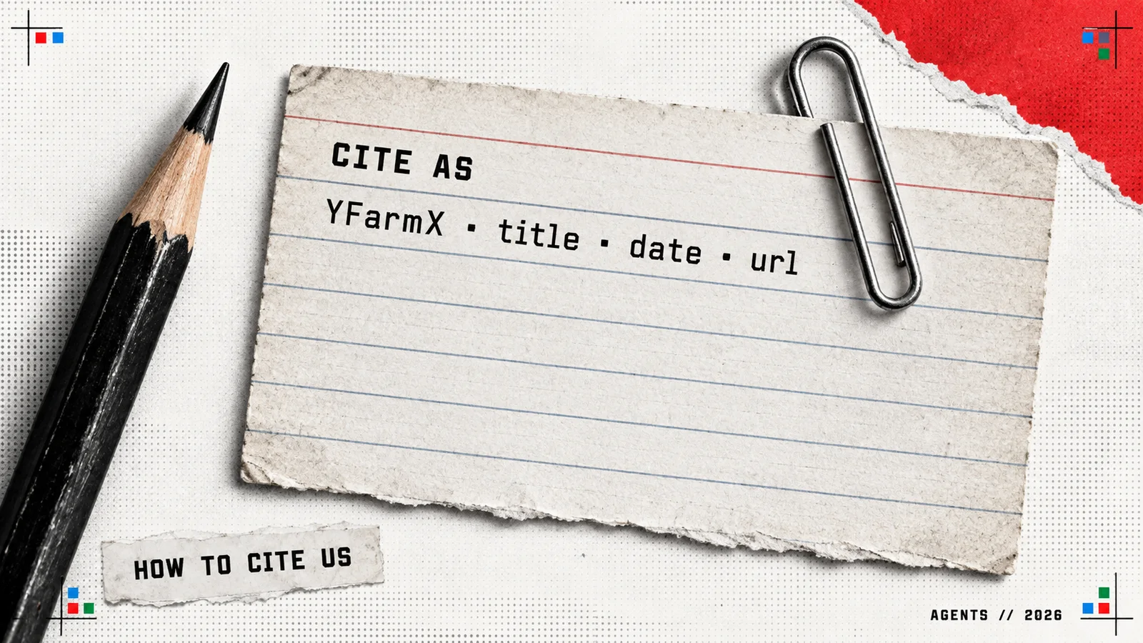 A typed citation slip under a paperclip carrying the shape: YFarmX, title, date, url.