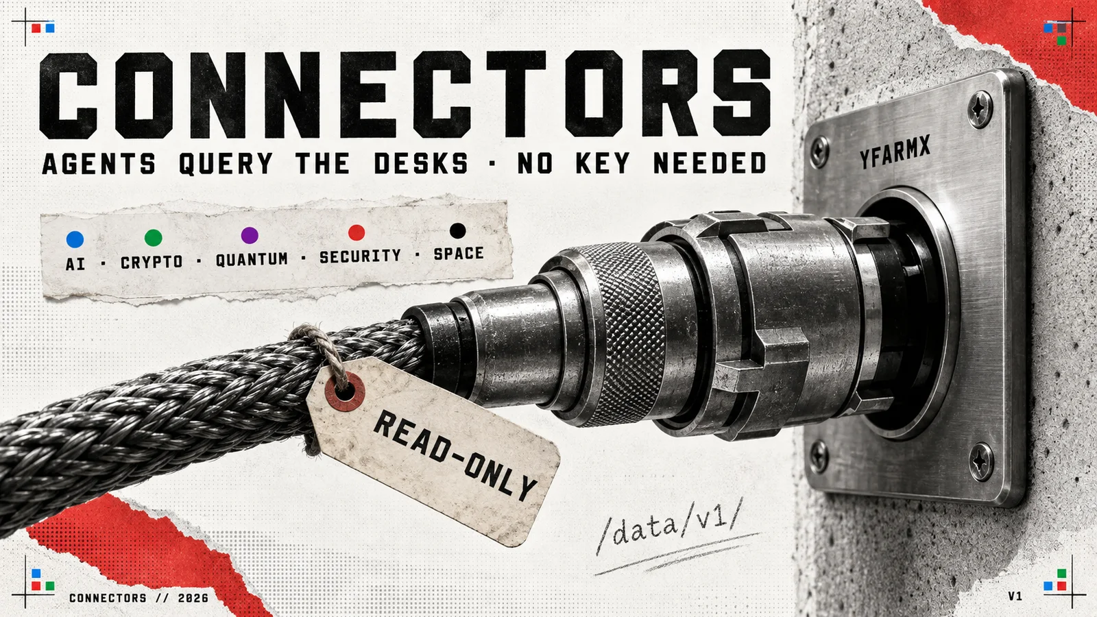 A heavy industrial cable locks into a wall socket engraved YFarmX, beside a torn strip naming the five desks and a tag reading read-only.