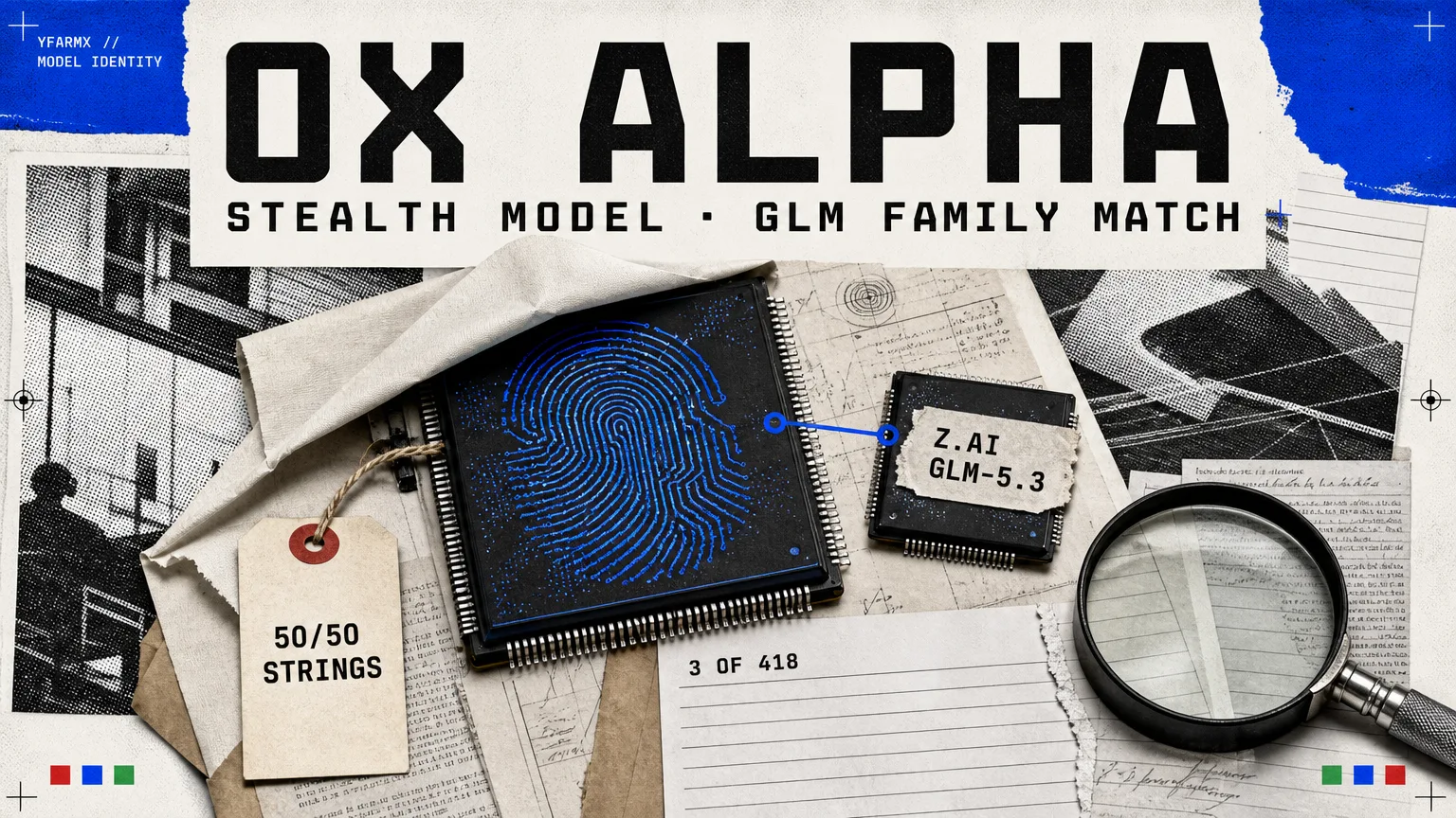 Dossier collage: the Ox Alpha chip with a glowing measured fingerprint, an evidence tag reading 50/50 strings, and a smaller chip labelled Z.ai GLM-5.3 joined to it by a drawn line over a sheet reading 3 of 418