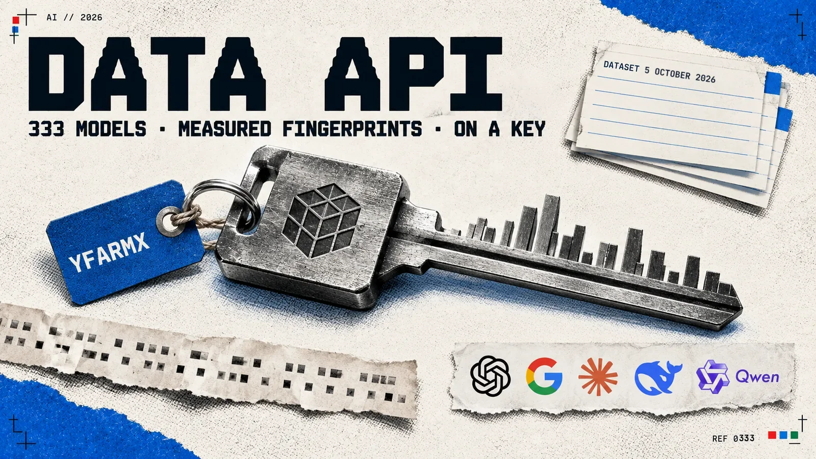 A heavy steel key engraved with the YFarmX cube, its teeth cut like a bar chart and a blue YFarmX tag on its ring, beside a punched paper tape, an index card reading Dataset 5 October 2026 and the marks of OpenAI, Google, Claude, DeepSeek and Qwen, under the headline Data API: 333 models, measured fingerprints, on a key.