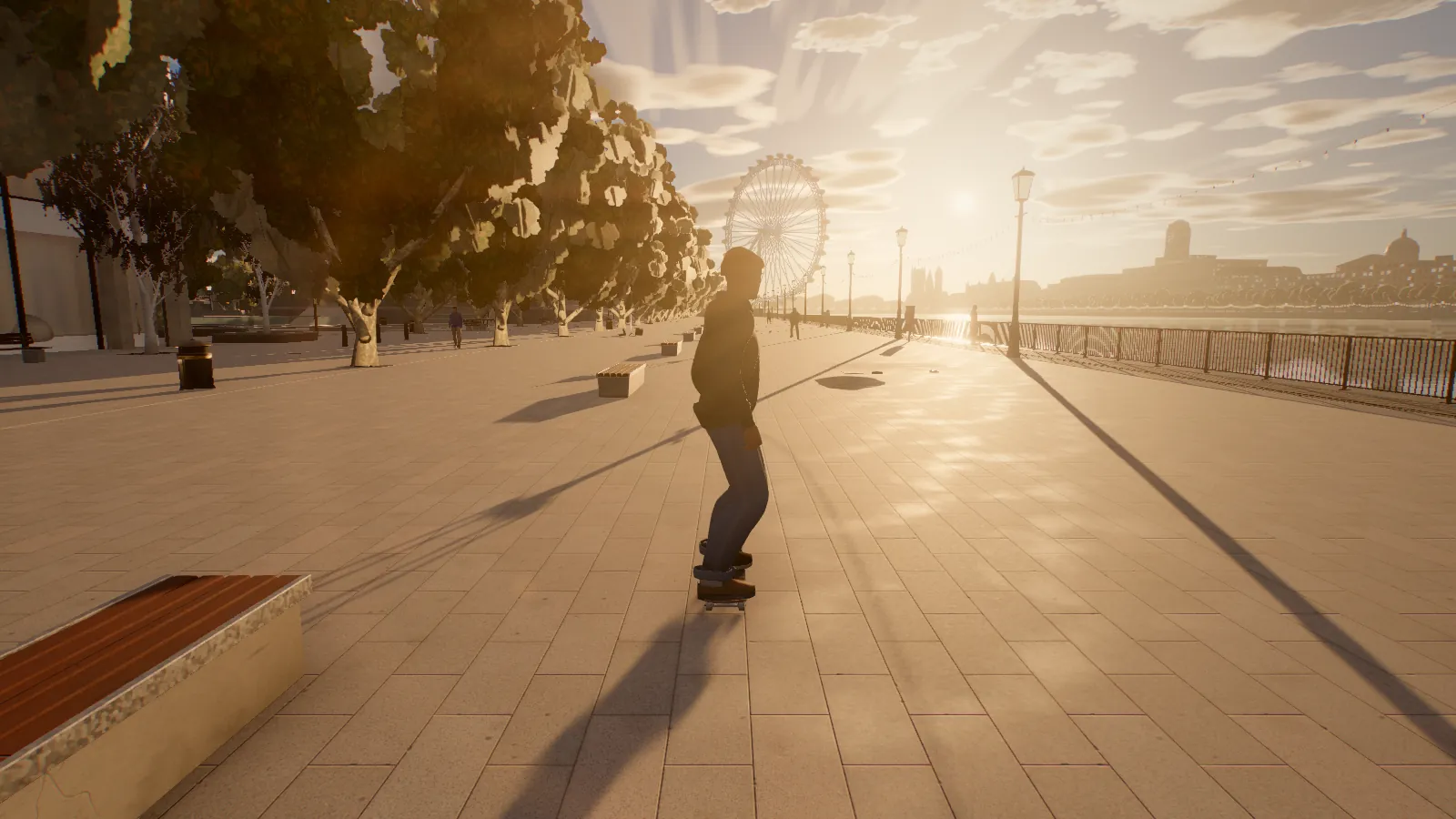 KERB gameplay: the skater rides a plane-tree promenade beside the Thames at sunset, with an observation wheel, a Gothic clock tower and a domed skyline across the water.
