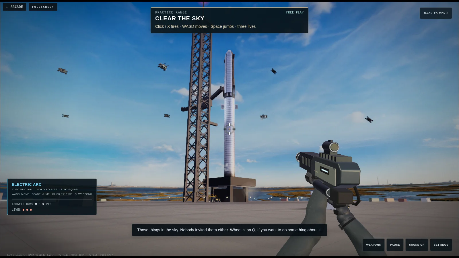 Mission Zero gameplay: first-person on the practice range, weapon raised, the rocket stacked on the launch tower and hostile drones inbound.