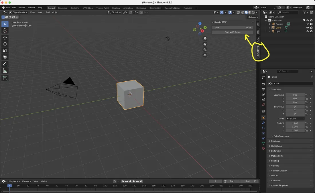 Blender's interface with the Blender MCP panel open, showing a Start MCP Server button on port 9876