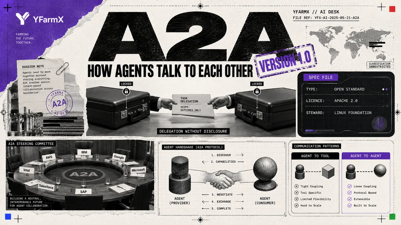Editorial illustration: Agent2Agent (A2A), the open protocol for agents talking to each other