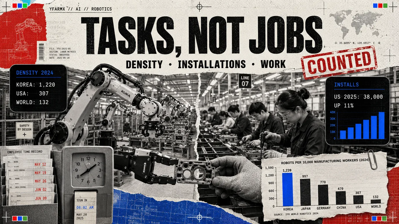 YFarmX explainer plate: Automation and jobs, what the numbers actually support