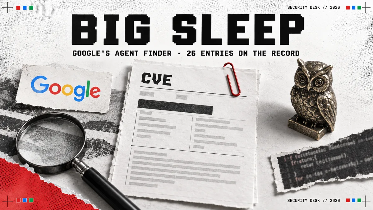 Editorial illustration: BIG SLEEP over a printed CVE record with a red paper clip and a brass owl figurine, with the Google logo