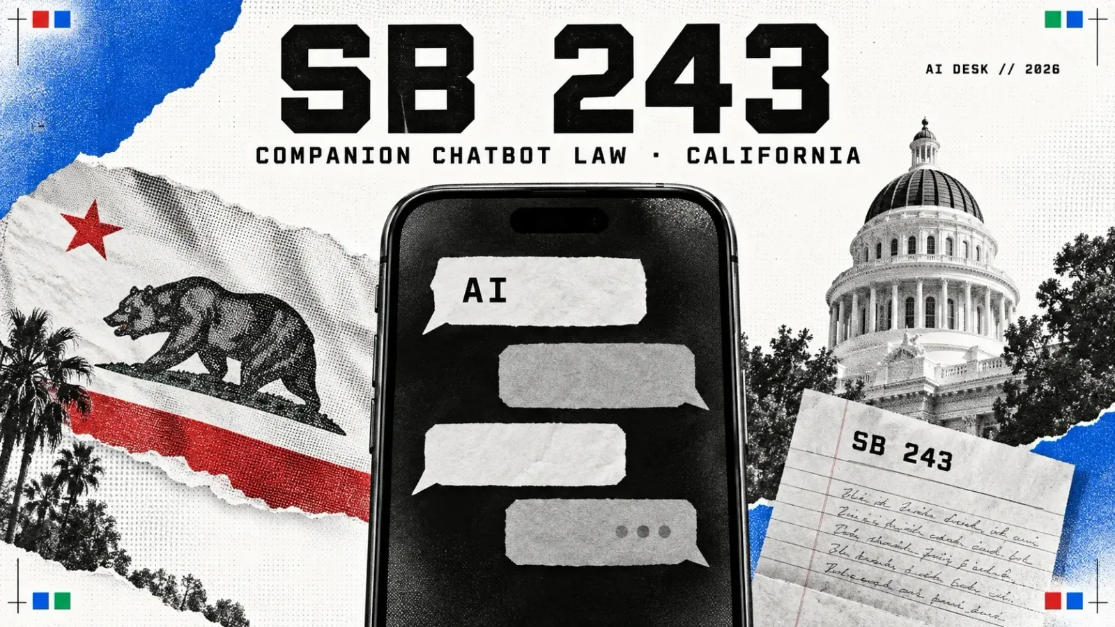 Editorial collage: a smartphone showing a chat of paper speech bubbles with a small AI chip on the topmost, headlined SB 243, companion chatbot law, California, with the bear flag and the state Capitol dome behind