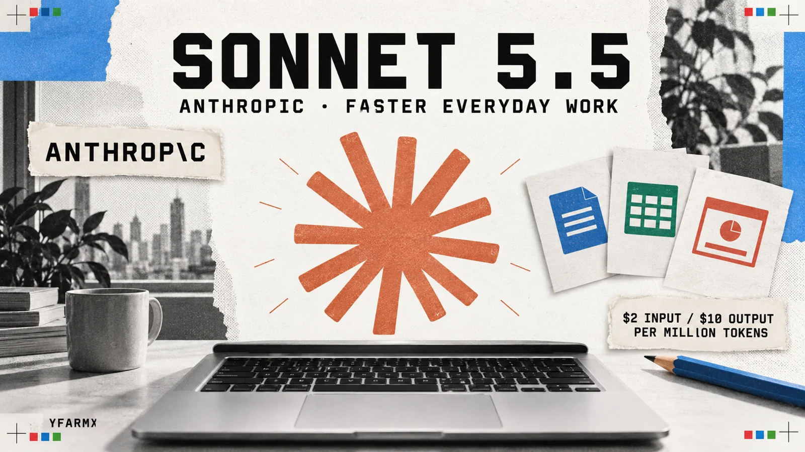 Editorial cover for Claude Sonnet 5.5: the Claude sunburst above a laptop, with Anthropic branding and the $2 input and $10 output token prices.