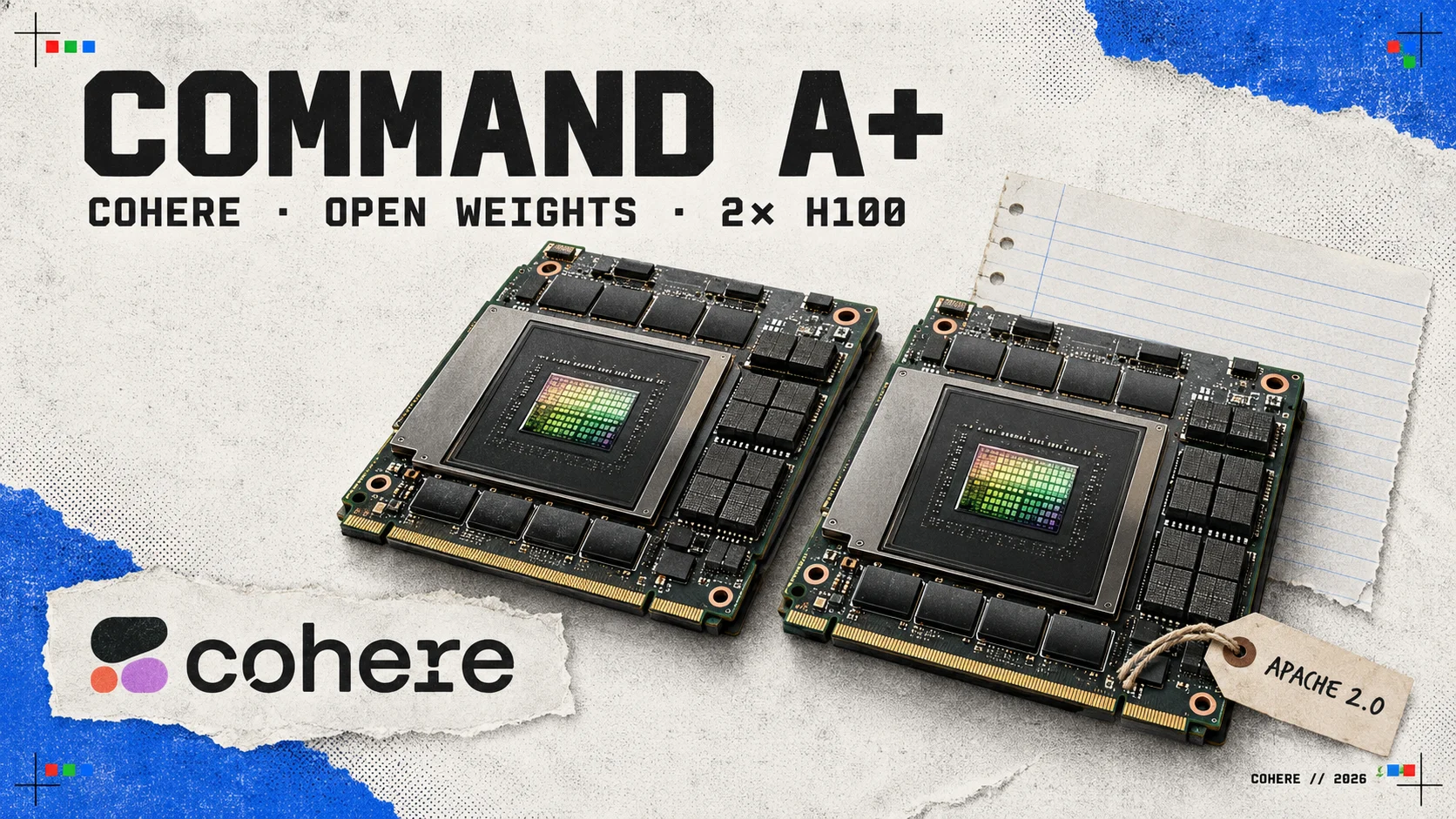 Editorial collage headed COMMAND A+ with the subtitle COHERE · OPEN WEIGHTS · 2× H100: two NVIDIA H100 GPU modules side by side on newsprint, one tagged APACHE 2.0, beside the Cohere logo
