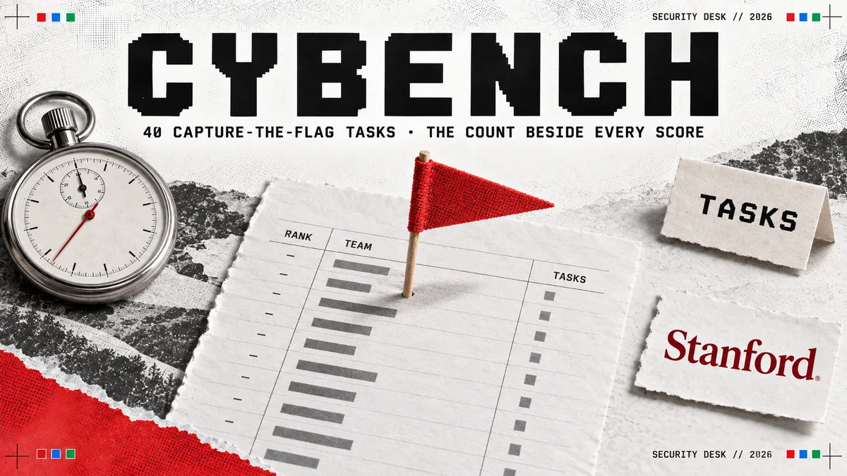 Editorial illustration: CYBENCH over a red pennant flag planted in a printed league table, with a stopwatch and the Stanford wordmark