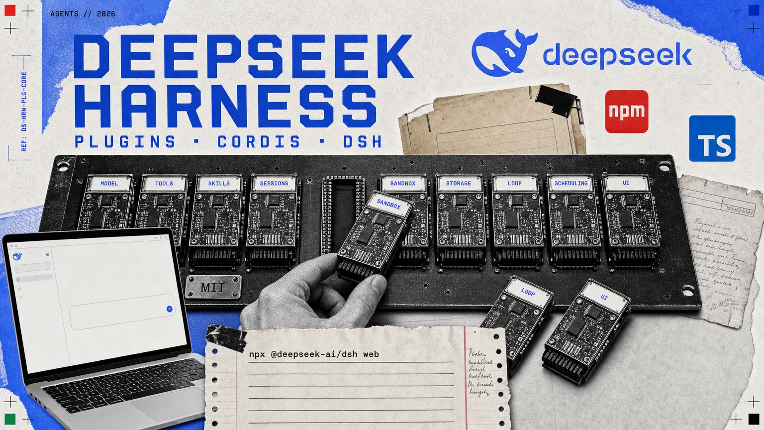 Editorial illustration: the DeepSeek Harness headline over a socket board of interchangeable plugin cards labelled model, tools, skills, sessions, sandbox, storage, loop, scheduling and UI, one lifted out mid-swap