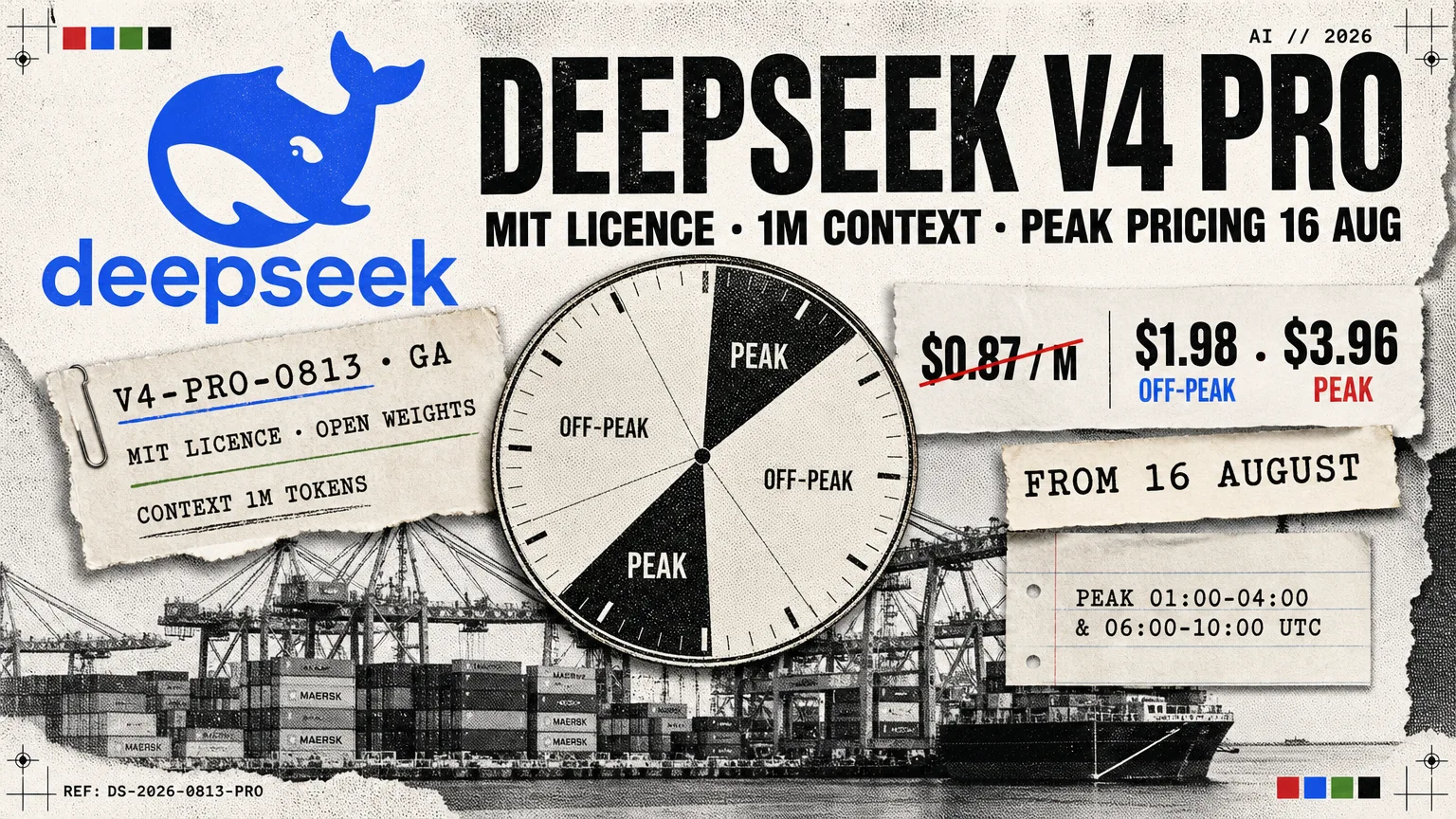 Editorial collage: the DeepSeek whale mark beside a shipping label reading V4-Pro-0813, general availability, MIT licence, 1 million token context, a clock face split into peak and off-peak segments, and a price tag showing $0.87 per million crossed through with $1.98 off-peak and $3.96 peak written over it, on a halftone container-port backdrop