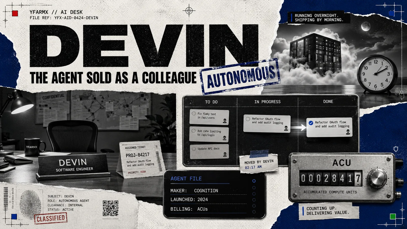 Editorial illustration: Devin, the autonomous software engineering agent from Cognition