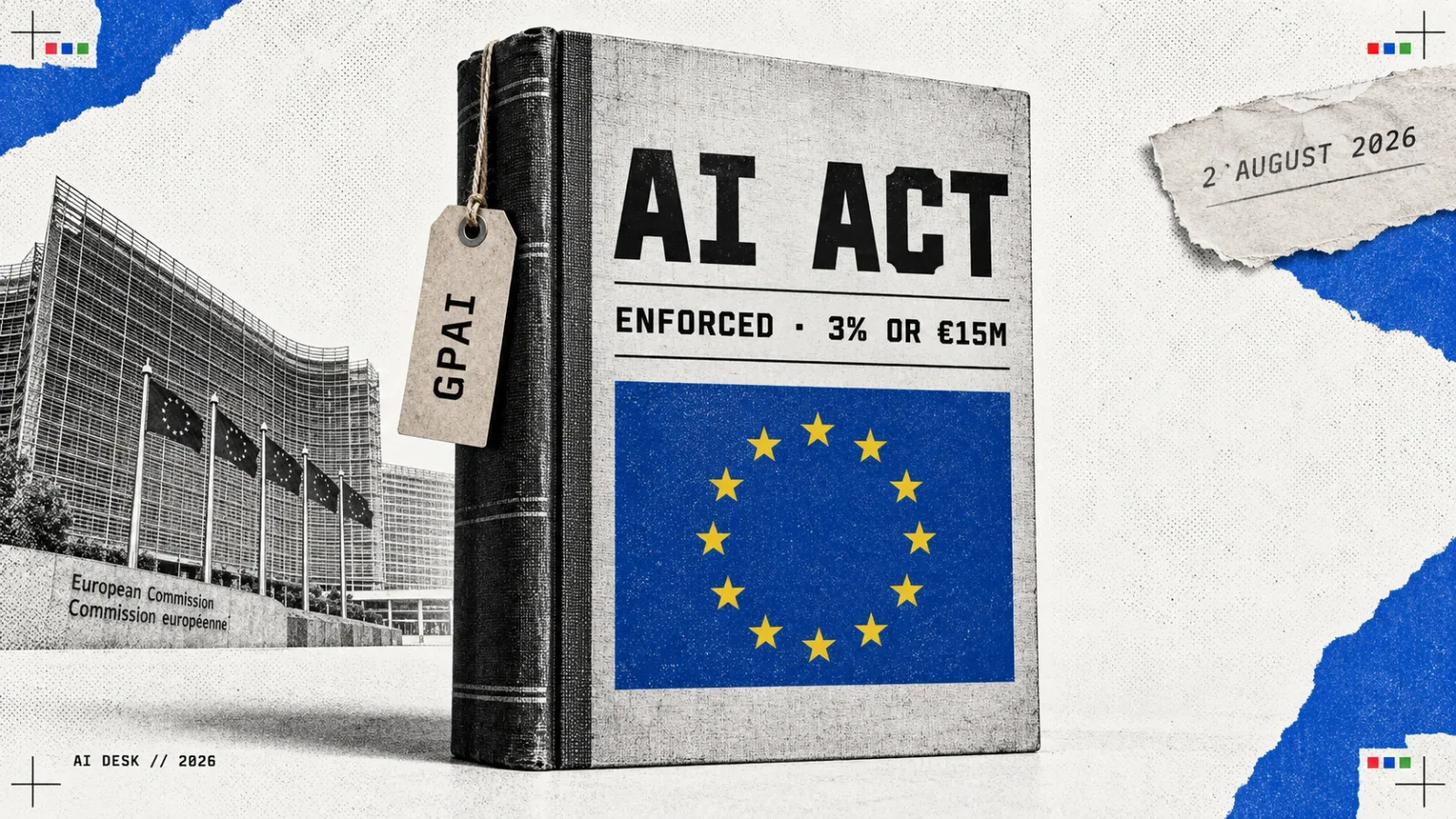 Editorial collage: a bound regulation volume carrying the EU's circle of gold stars, headlined AI ACT, enforced, 3% or €15m, with the Berlaymont building behind and a GPAI tag tied to the spine