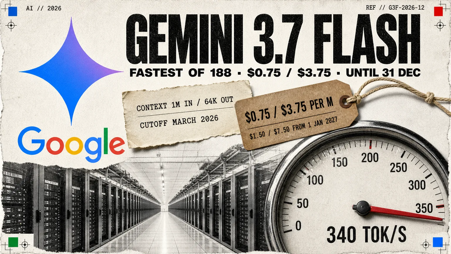 Editorial collage: the Gemini spark mark beside a workbench spec card reading 1 million token context, 64,000 out, knowledge cutoff March 2026, a price tag reading $0.75 in and $3.75 out per million until 31 December 2026 then $1.50 and $7.50, and a speedometer needle at 340 tokens per second over a halftone data-centre hall
