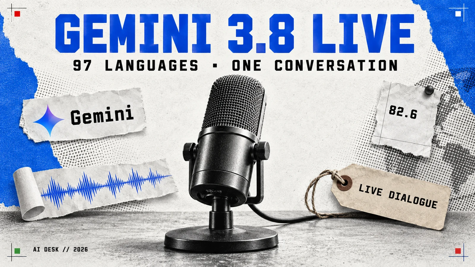 Editorial collage: a broadcast studio microphone in high-contrast black and white beneath a large GEMINI 3.8 LIVE headline, with a blue waveform strip, a torn sheet reading 82.6, a live dialogue tag and the Gemini mark