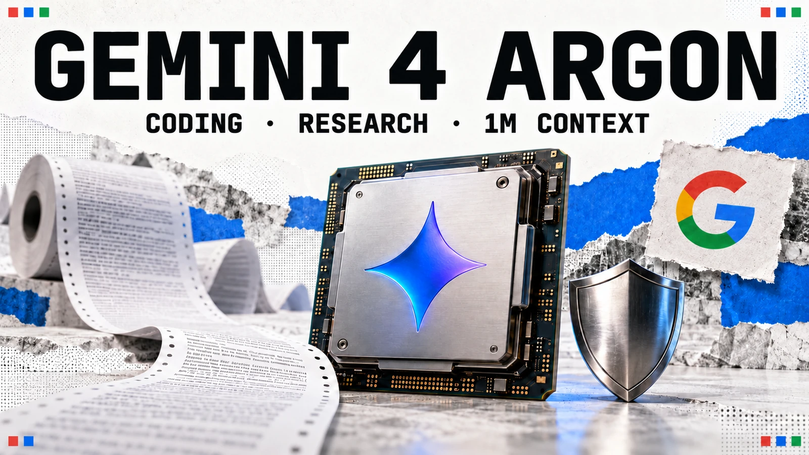 Editorial collage headed Gemini 4 Argon, with a Gemini-branded processor, printer paper, a metal shield and the Google logo; the subtitle reads coding, research and 1M context.
