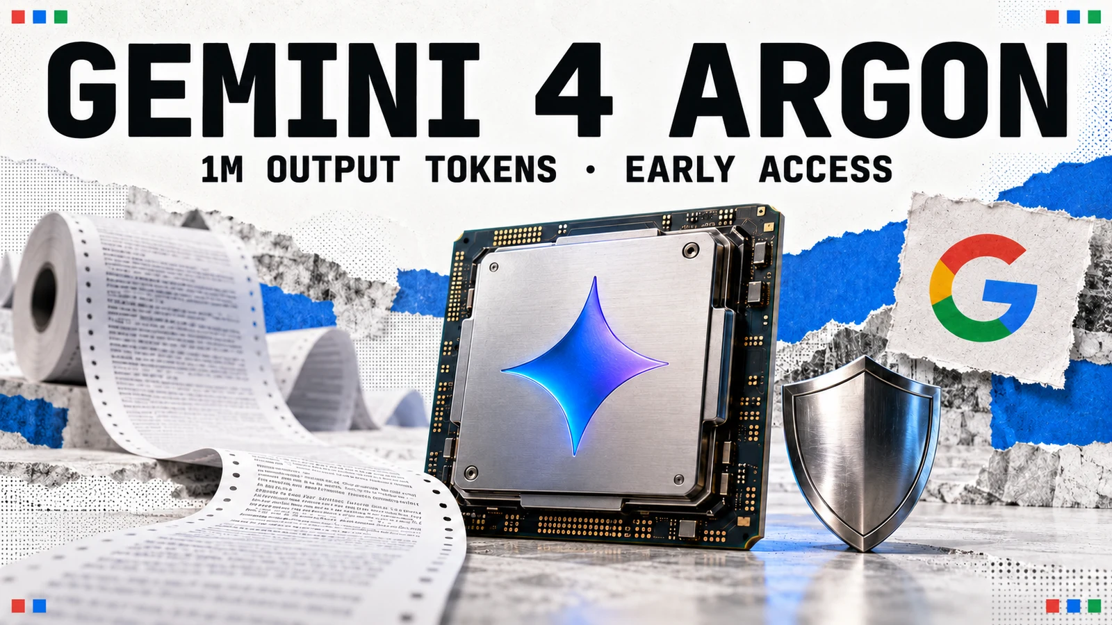 Editorial collage headed Gemini 4 Argon, with a Gemini-branded processor, a long roll of printer paper, a metal shield and the Google logo; the subtitle reads 1M output tokens and early access.