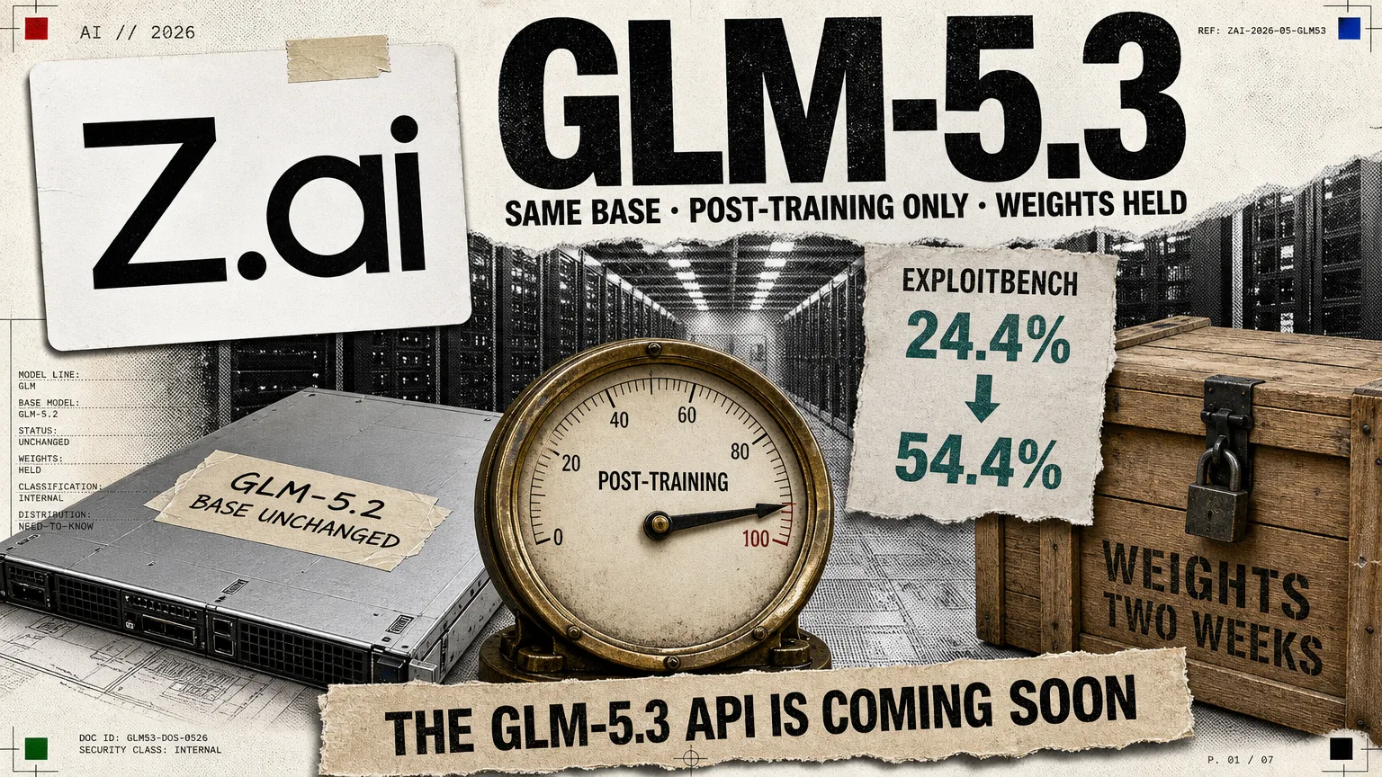 Editorial collage: a single server blade labelled GLM-5.2 BASE, UNCHANGED with a training dial turned hard right beside it, a rising exploit-score slip reading 24.4 to 54.4 per cent, a padlocked crate stencilled WEIGHTS, TWO WEEKS, and a torn note reading The GLM-5.3 API is coming soon