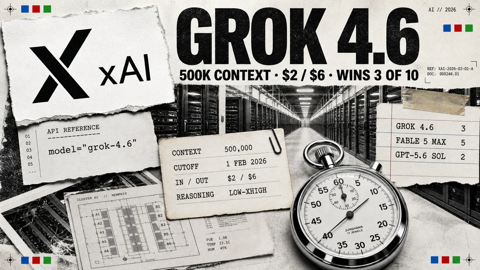 Editorial collage: the SpaceXAI mark on torn paper beside an API card reading model equals grok-4.6, a spec sheet listing a 500,000 token context, a 1 February 2026 cutoff and $2 / $6 pricing, and a scoreboard slip showing Grok 4.6 on three, Fable 5 Max on five and GPT-5.6 Sol on two, over a halftone server hall