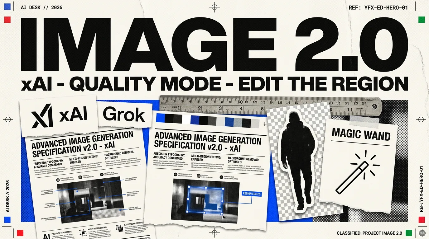 Editorial illustration: xAI's Imagine Image 2.0, a poster being edited region by region with its small type staying sharp